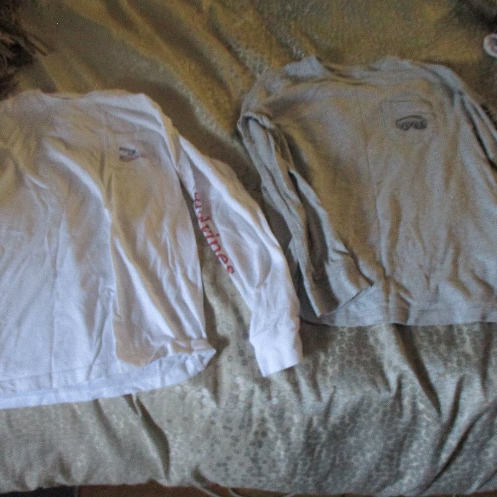 two vineyard vines boys long sleeve t shirts one white Med and one gray one smal